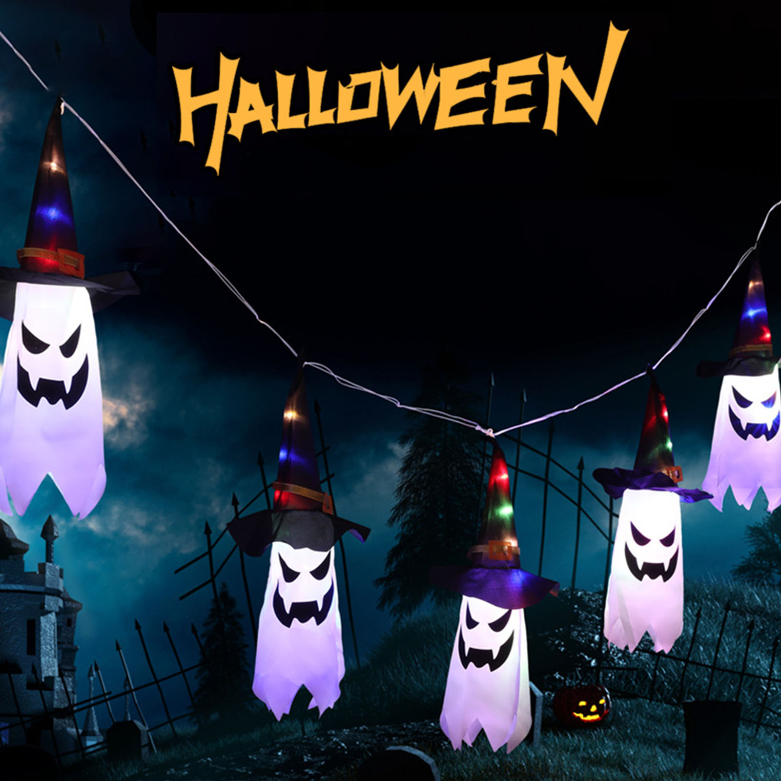 Halloween Led String Lights Orange - ไฟประดับตกแต่งฮาโลวีน หมวกฟักทองสีส้มแขวนตกแต่งฮาโลวีนสุดหลอน พร้อมของตกแต่งรูปผีสีขาว ไฟเส้น LED (5