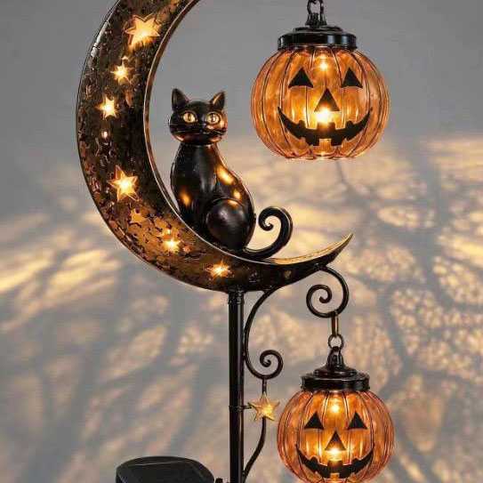 Pumpkin Lantern Halloween - โคมไฟประดับสวนรูปแมวดำและฟักทองพระจันทร์สำหรับฮาโลวีน, ไฟปักดินสำหรับสวน, ของตกแต่งปักดินรูปฟักทองโลหะกันน้ำสำหรับใช้ภายนอกอาคาร