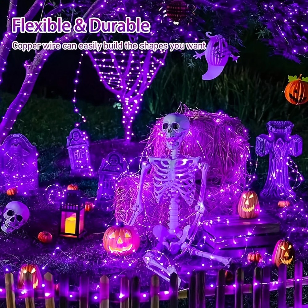 Halloween Led String Lights Orange - 1PC 12M100LED ไฟประดับฮาโลวีนพลังงานแสงอาทิตย์, สีส้มและสีม่วง LED ลวดทองแดงไฟนางฟ้าสำหรับตกแต่งสวนฮาโลวีนกลางแจ้ง