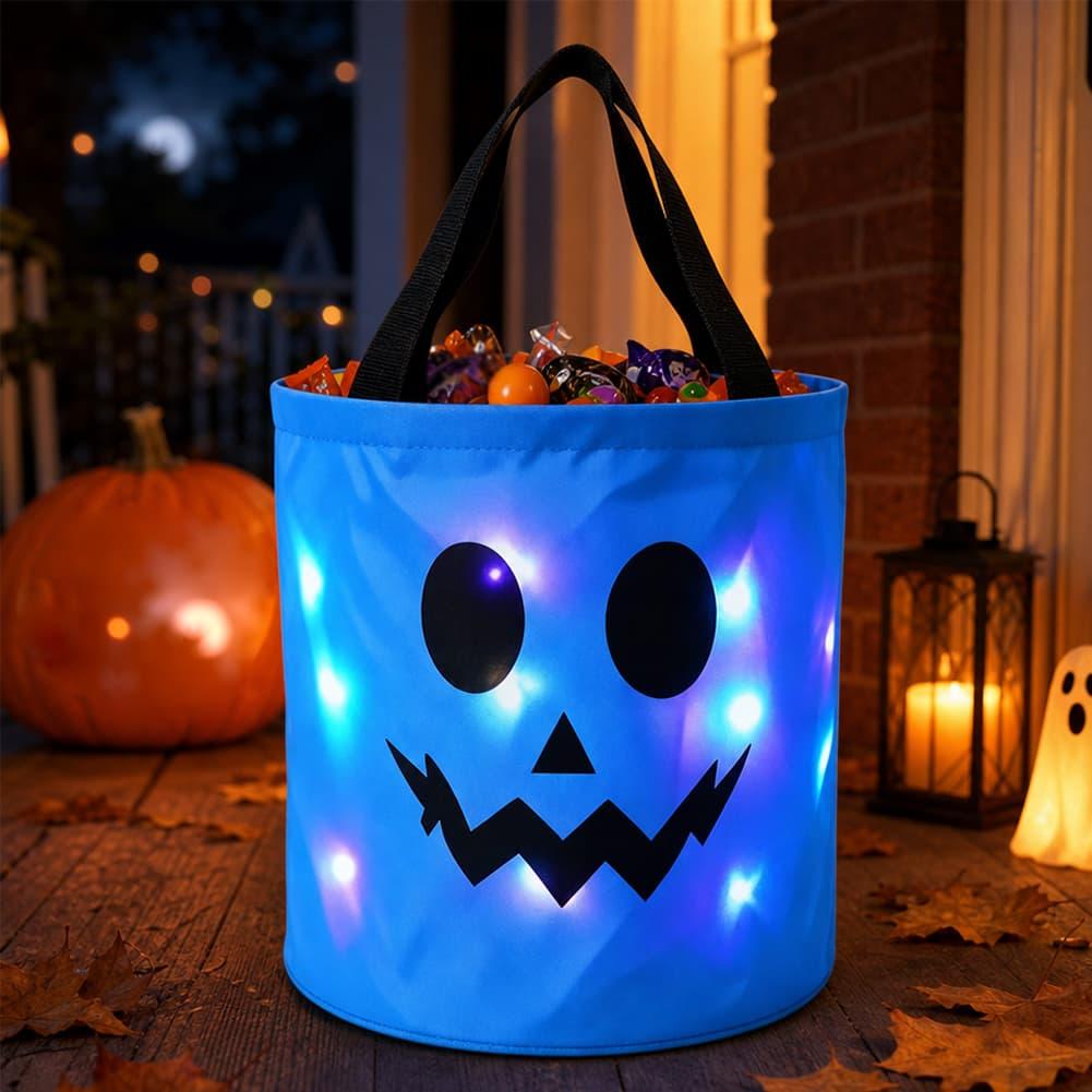 Halloween Pumpkin Decor Led - ถังใส่ขนมสำหรับงานปาร์ตี้ฮาโลวีน ถังใส่ขนมรูปฟักทองเรืองแสง ถุงใส่ขนมผ้า LED ของตกแต่งงานปาร์ตี้วันหยุด ของขวัญ