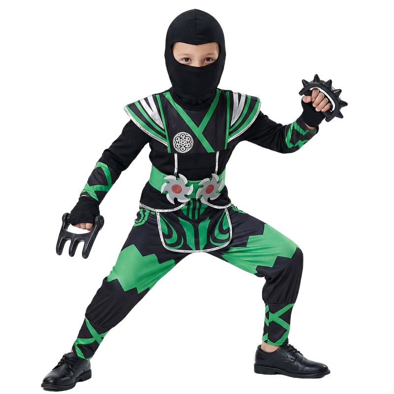Halloween Costume Kids - ชุดนินจาสีเขียวสำหรับเด็กพร้อมชุดของเล่น 9 ชิ้น ชุดเล่นบทบาทฮาโลวีน ชุดซามูไร นักรบสวมหน้ากาก