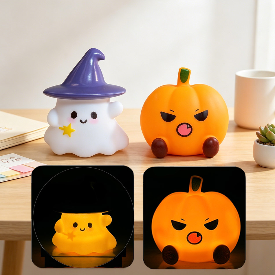 Halloween Pumpkin Decor Led - โคมไฟซิลิโคนรูปผีแม่มดฟักทองน่ารัก ไฟตั้งโต๊ะตกแต่งห้องนอน ของขวัญปาร์ตี้ฮาโลวีน