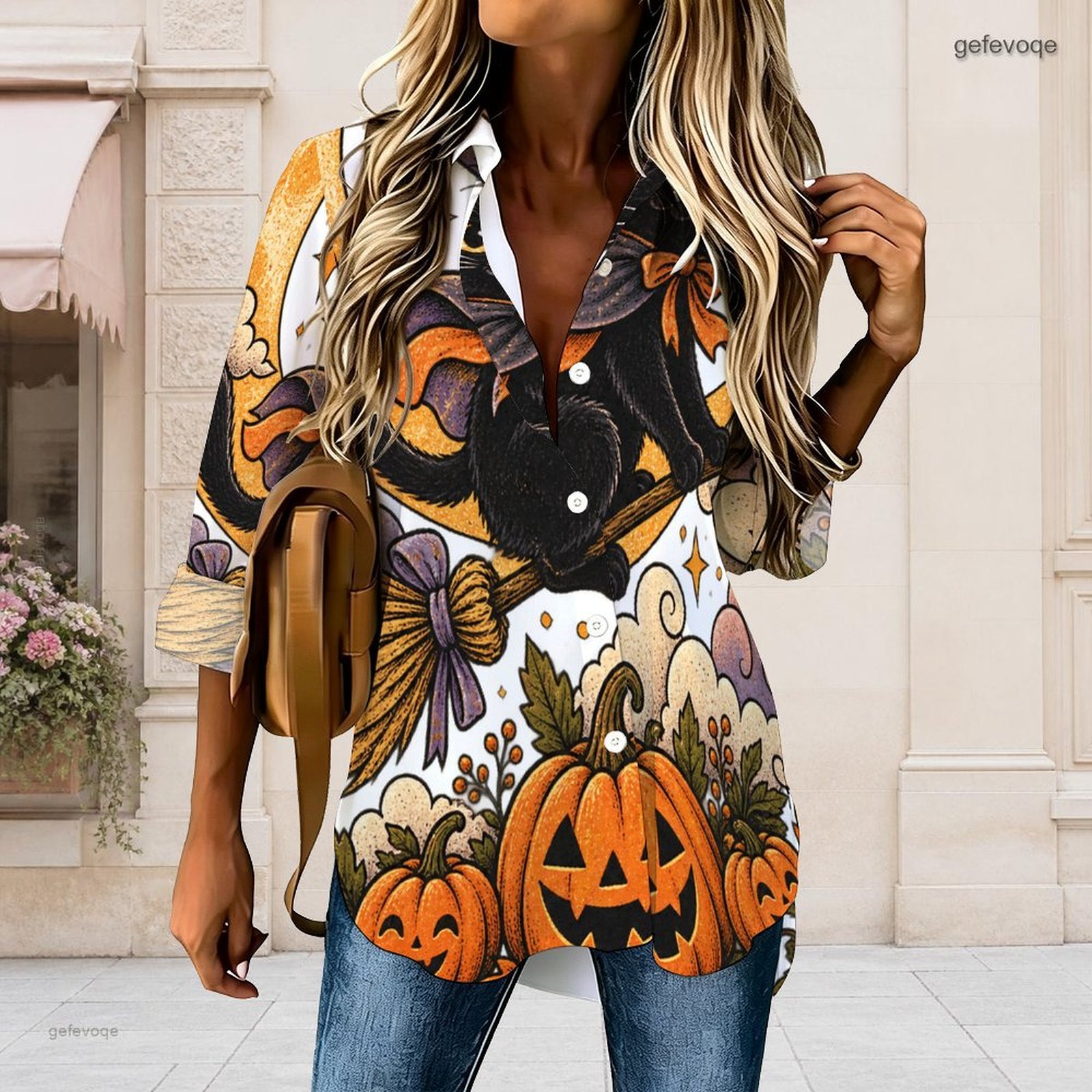 Pumpkin Lantern Halloween - เสื้อเชิ้ตคอปกพิมพ์ลายฮาโลวีนสำหรับผู้หญิง ลายแมวดำ ไม้กวาด แจ็ค-โอ-แลนเทิร์น ฟักทอง แขนสามส่วน