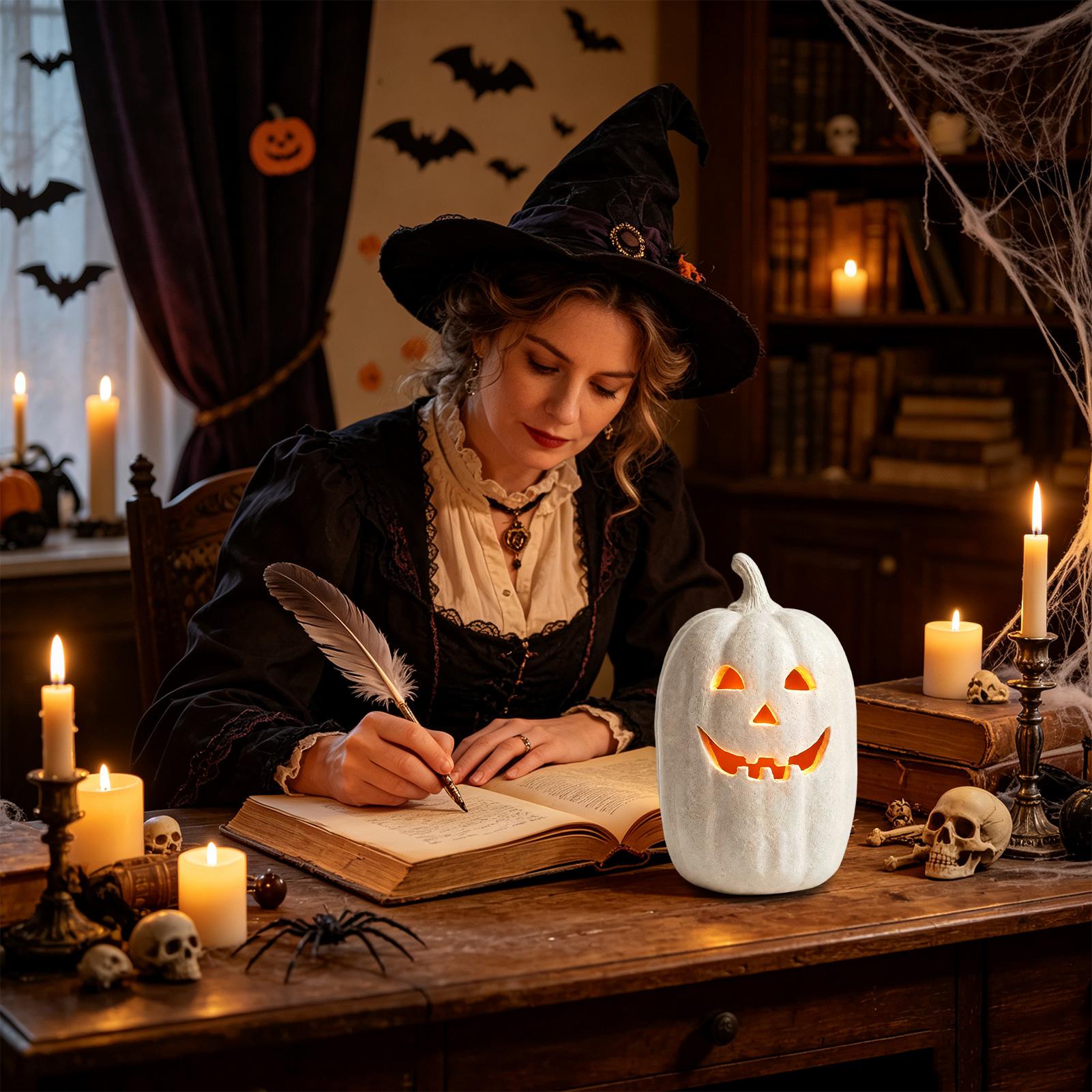 Pumpkin Lantern Halloween - โคมไฟฟักทองตกแต่ง ทำด้วยมือจากเรซิ่น โคมไฟฟักทองประดับตกแต่งสำหรับฮาโลวีน ใช้ได้ทั้งภายนอกและภายในบ้าน สำหรับตกแต่งโต๊ะกลาง