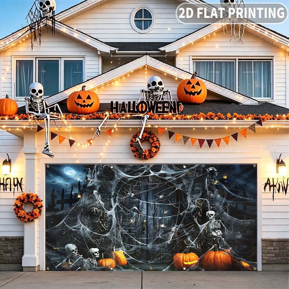Spider Web Halloween Decoration - แบนเนอร์ตกแต่งงานปาร์ตี้ฮาโลวีนแบบแบน 2D 1 ชิ้น, ลายโครงกระดูก ฟักทอง