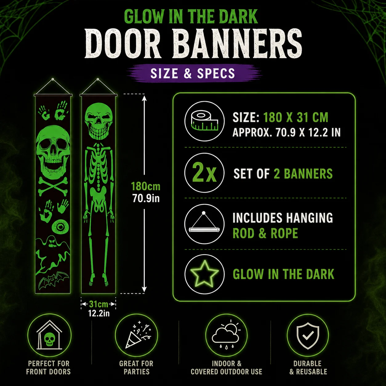 แบนเนอร์ฮาโลวีนเรืองแสงในที่มื - Halloween Skeleton Decoration บทวิจารณ์และราคา