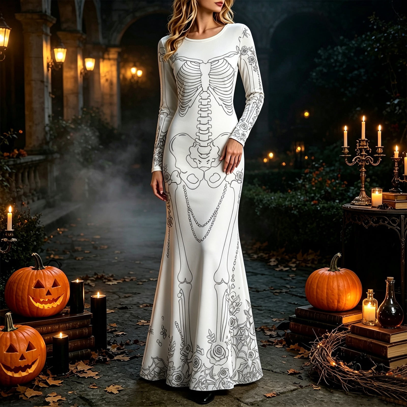 ชุดเดรสยาวลายกุหลาบโครงกระดูกส - Halloween Skeleton Decoration บทวิจารณ์และราคา